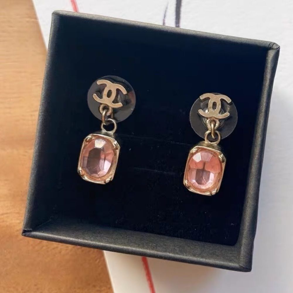 Chanel reissue rocky Crystal studs pink rhinestones gold tone CC dangle earrings